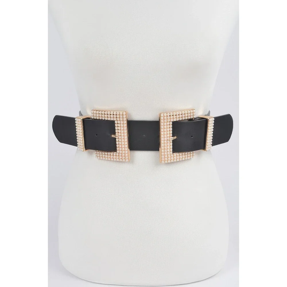 Double Buckle Belt Women OS Black New Pearl Gold Tone Square Buckle